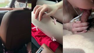 金华野外豪车后座，那整容骚女神戴狗链被干得直喷，风一吹她还叫着求内射，完全不管人路过